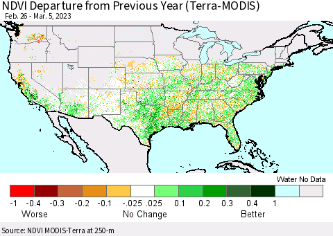 United States NDVI Departure from Previous Year (Terra-MODIS) Thematic Map For 2/26/2023 - 3/5/2023