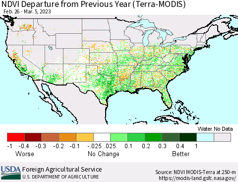 United States NDVI Departure from Previous Year (Terra-MODIS) Thematic Map For 3/1/2023 - 3/10/2023