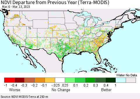 United States NDVI Departure from Previous Year (Terra-MODIS) Thematic Map For 3/6/2023 - 3/13/2023