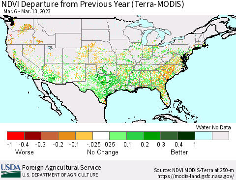 United States NDVI Departure from Previous Year (Terra-MODIS) Thematic Map For 3/11/2023 - 3/20/2023