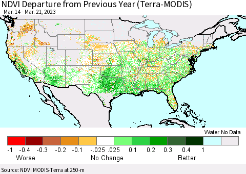 United States NDVI Departure from Previous Year (Terra-MODIS) Thematic Map For 3/14/2023 - 3/21/2023