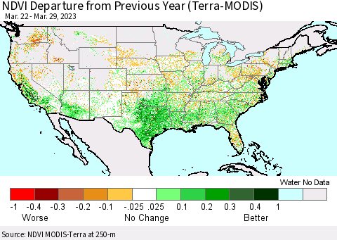 United States NDVI Departure from Previous Year (Terra-MODIS) Thematic Map For 3/22/2023 - 3/29/2023