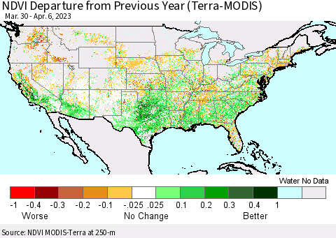 United States NDVI Departure from Previous Year (Terra-MODIS) Thematic Map For 3/30/2023 - 4/6/2023