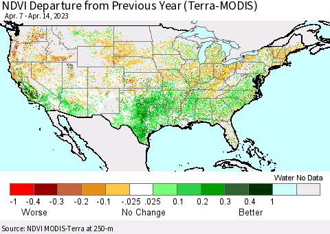 United States NDVI Departure from Previous Year (Terra-MODIS) Thematic Map For 4/7/2023 - 4/14/2023