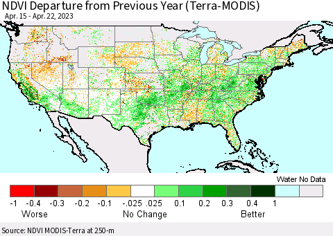 United States NDVI Departure from Previous Year (Terra-MODIS) Thematic Map For 4/15/2023 - 4/22/2023