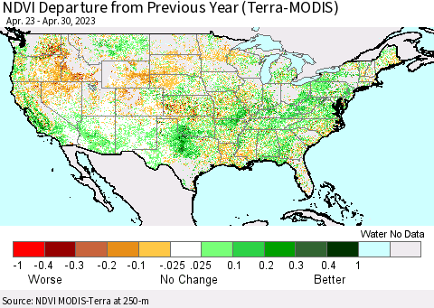 United States NDVI Departure from Previous Year (Terra-MODIS) Thematic Map For 4/21/2023 - 4/30/2023