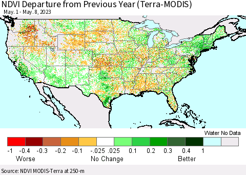 United States NDVI Departure from Previous Year (Terra-MODIS) Thematic Map For 5/1/2023 - 5/8/2023