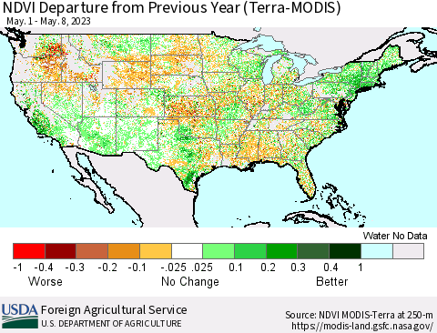 United States NDVI Departure from Previous Year (Terra-MODIS) Thematic Map For 5/1/2023 - 5/10/2023