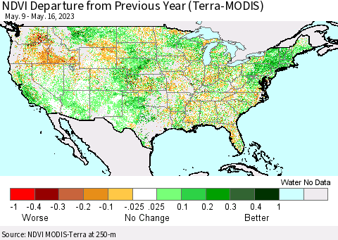 United States NDVI Departure from Previous Year (Terra-MODIS) Thematic Map For 5/9/2023 - 5/16/2023