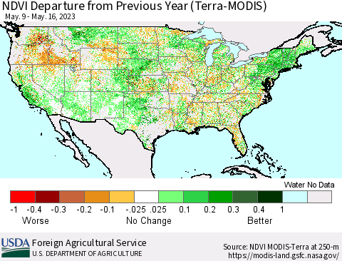 United States NDVI Departure from Previous Year (Terra-MODIS) Thematic Map For 5/11/2023 - 5/20/2023