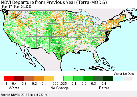 United States NDVI Departure from Previous Year (Terra-MODIS) Thematic Map For 5/17/2023 - 5/24/2023