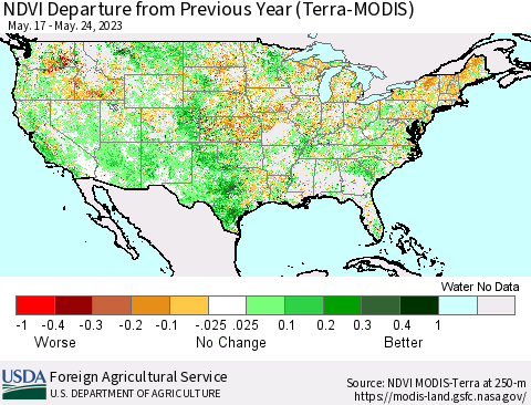 United States NDVI Departure from Previous Year (Terra-MODIS) Thematic Map For 5/21/2023 - 5/31/2023