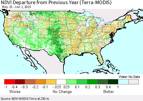 United States NDVI Departure from Previous Year (Terra-MODIS) Thematic Map For 5/25/2023 - 6/1/2023