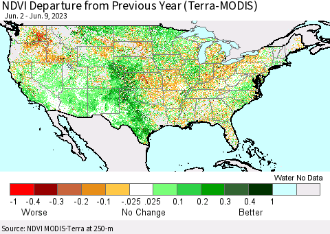 United States NDVI Departure from Previous Year (Terra-MODIS) Thematic Map For 6/2/2023 - 6/9/2023