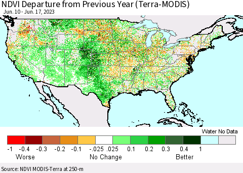 United States NDVI Departure from Previous Year (Terra-MODIS) Thematic Map For 6/10/2023 - 6/17/2023