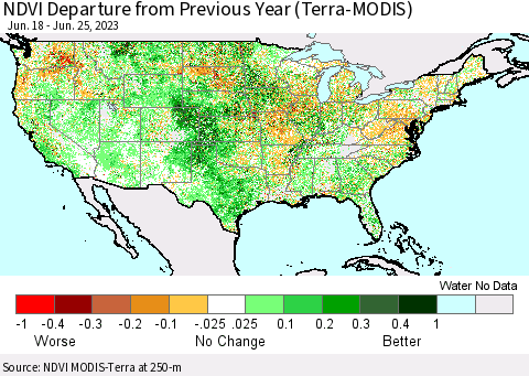 United States NDVI Departure from Previous Year (Terra-MODIS) Thematic Map For 6/18/2023 - 6/25/2023