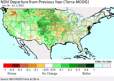 United States NDVI Departure from Previous Year (Terra-MODIS) Thematic Map For 6/26/2023 - 7/3/2023