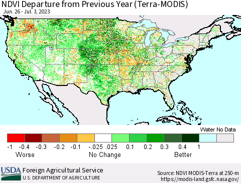 United States NDVI Departure from Previous Year (Terra-MODIS) Thematic Map For 7/1/2023 - 7/10/2023