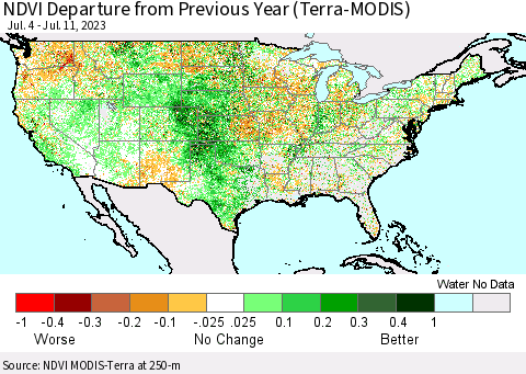 United States NDVI Departure from Previous Year (Terra-MODIS) Thematic Map For 7/4/2023 - 7/11/2023