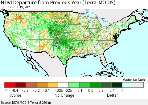 United States NDVI Departure from Previous Year (Terra-MODIS) Thematic Map For 7/12/2023 - 7/19/2023
