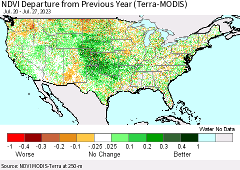 United States NDVI Departure from Previous Year (Terra-MODIS) Thematic Map For 7/20/2023 - 7/27/2023