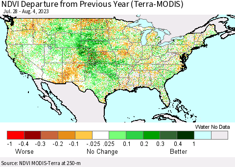 United States NDVI Departure from Previous Year (Terra-MODIS) Thematic Map For 7/28/2023 - 8/4/2023