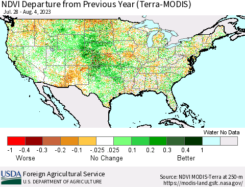 United States NDVI Departure from Previous Year (Terra-MODIS) Thematic Map For 8/1/2023 - 8/10/2023