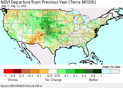 United States NDVI Departure from Previous Year (Terra-MODIS) Thematic Map For 8/5/2023 - 8/12/2023