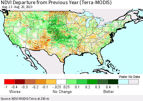 United States NDVI Departure from Previous Year (Terra-MODIS) Thematic Map For 8/11/2023 - 8/20/2023