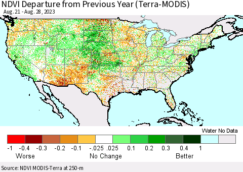 United States NDVI Departure from Previous Year (Terra-MODIS) Thematic Map For 8/21/2023 - 8/28/2023
