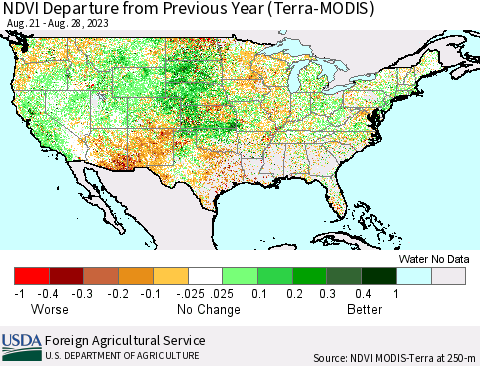United States NDVI Departure from Previous Year (Terra-MODIS) Thematic Map For 8/21/2023 - 8/31/2023