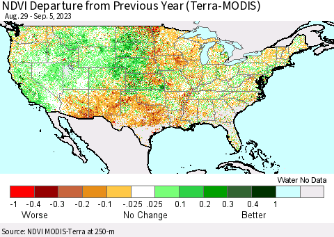 United States NDVI Departure from Previous Year (Terra-MODIS) Thematic Map For 8/29/2023 - 9/5/2023
