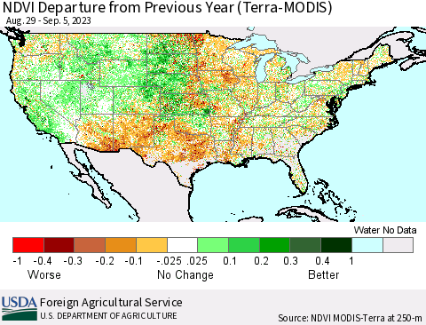 United States NDVI Departure from Previous Year (Terra-MODIS) Thematic Map For 9/1/2023 - 9/10/2023