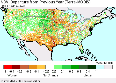 United States NDVI Departure from Previous Year (Terra-MODIS) Thematic Map For 9/6/2023 - 9/13/2023