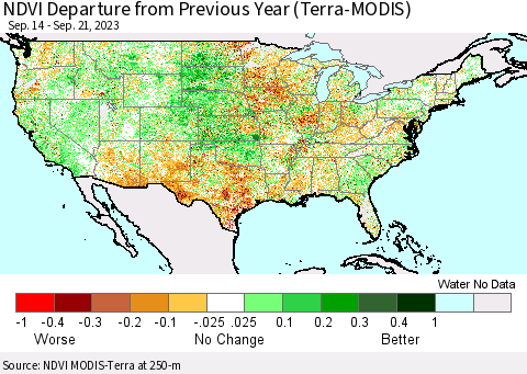United States NDVI Departure from Previous Year (Terra-MODIS) Thematic Map For 9/14/2023 - 9/21/2023