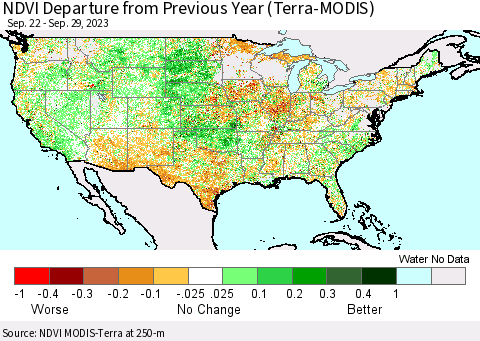 United States NDVI Departure from Previous Year (Terra-MODIS) Thematic Map For 9/22/2023 - 9/29/2023