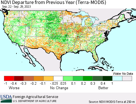 United States NDVI Departure from Previous Year (Terra-MODIS) Thematic Map For 9/21/2023 - 9/30/2023