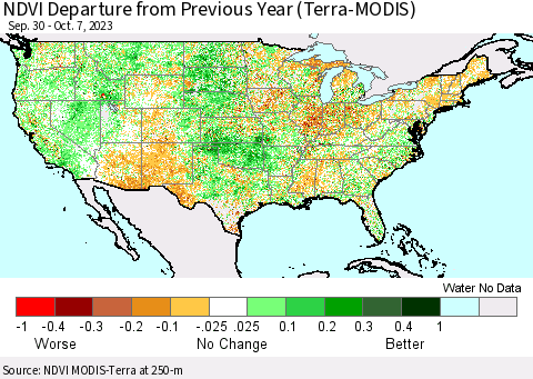 United States NDVI Departure from Previous Year (Terra-MODIS) Thematic Map For 9/30/2023 - 10/7/2023