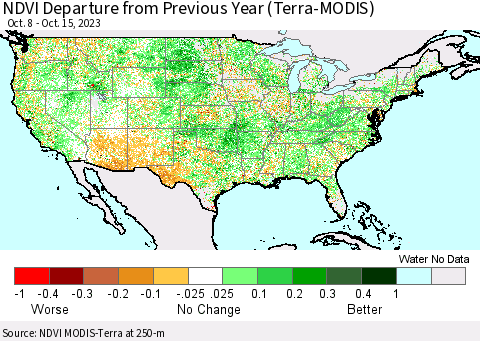United States NDVI Departure from Previous Year (Terra-MODIS) Thematic Map For 10/8/2023 - 10/15/2023