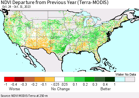 United States NDVI Departure from Previous Year (Terra-MODIS) Thematic Map For 10/24/2023 - 10/31/2023