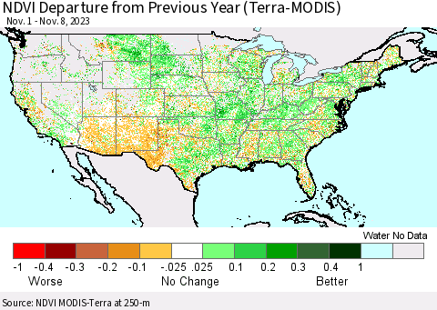 United States NDVI Departure from Previous Year (Terra-MODIS) Thematic Map For 11/1/2023 - 11/8/2023