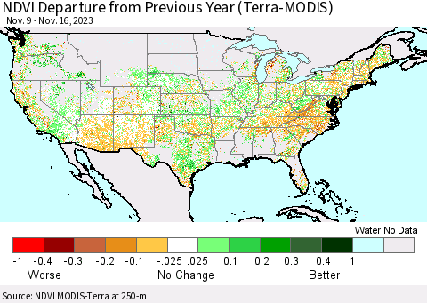 United States NDVI Departure from Previous Year (Terra-MODIS) Thematic Map For 11/9/2023 - 11/16/2023