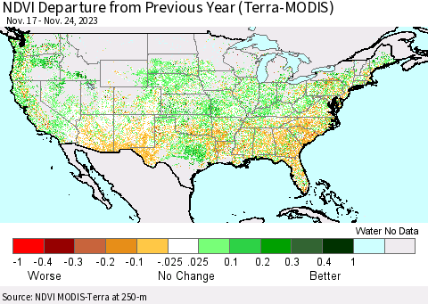 United States NDVI Departure from Previous Year (Terra-MODIS) Thematic Map For 11/17/2023 - 11/24/2023