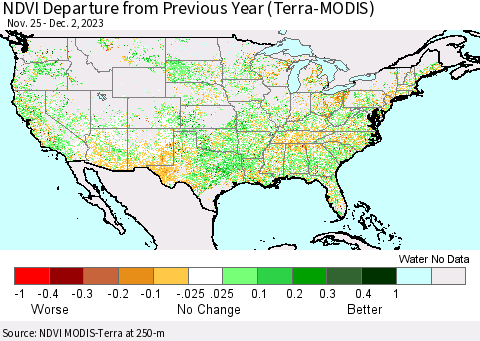United States NDVI Departure from Previous Year (Terra-MODIS) Thematic Map For 11/25/2023 - 12/2/2023