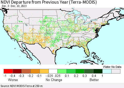 United States NDVI Departure from Previous Year (Terra-MODIS) Thematic Map For 12/3/2023 - 12/10/2023