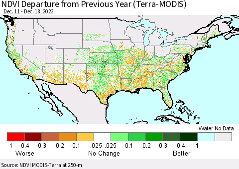 United States NDVI Departure from Previous Year (Terra-MODIS) Thematic Map For 12/11/2023 - 12/18/2023