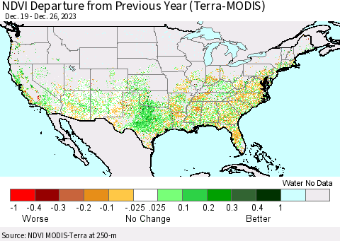 United States NDVI Departure from Previous Year (Terra-MODIS) Thematic Map For 12/19/2023 - 12/26/2023