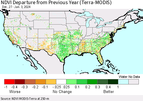 United States NDVI Departure from Previous Year (Terra-MODIS) Thematic Map For 12/27/2023 - 1/3/2024
