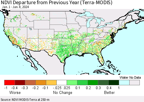 United States NDVI Departure from Previous Year (Terra-MODIS) Thematic Map For 1/1/2024 - 1/8/2024