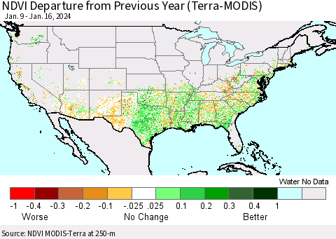 United States NDVI Departure from Previous Year (Terra-MODIS) Thematic Map For 1/9/2024 - 1/16/2024